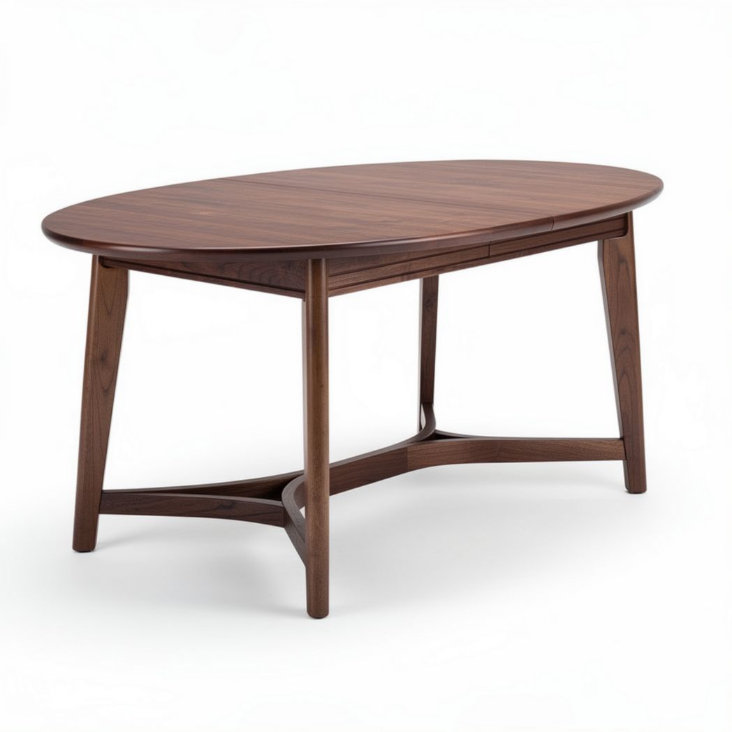 Eettafel van walnoothout met afmetingen 150 x 80 x 75cm en ovale vorm