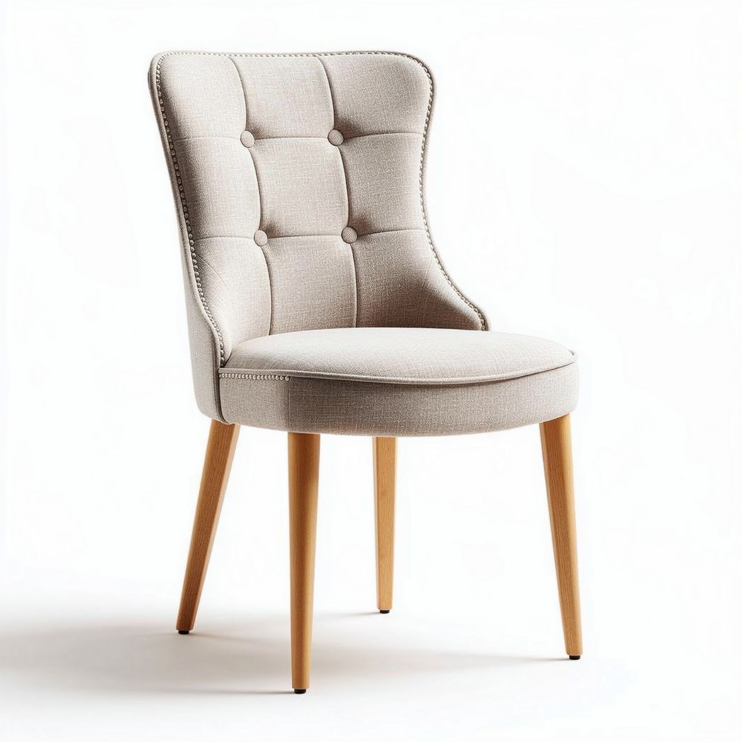 Stoel met beige stoffen bekleding en houten poten 45 x 45 x 85cm