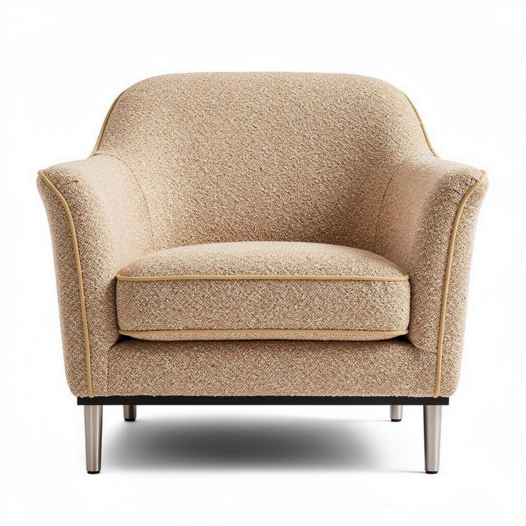 Beige stoffen fauteuil met ronde rugleuning en metalen poten 80 x 80 x 80cm